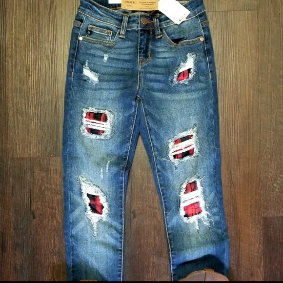 Judy Blue Denim - Red Buffalo Plaid Distressed Skinny Jeans